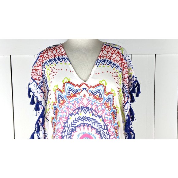 Sheer lightweight colorful tribal print fringe tassel caftan dress cover up - Picture 3 of 5